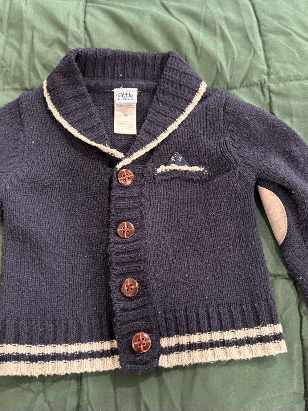 Little LAD Boys 18M Navy Shawl Collar Cardigan Sweater Elbow Patches Preppy